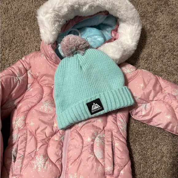 Snozu Pink Snowflake Puffer Jacket with Fur Hood - Picture 2 of 5